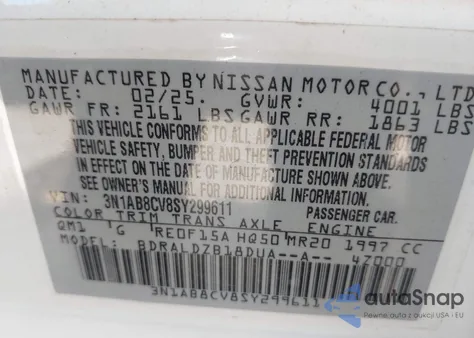 2025 Nissan Sentra Sv из США, поврежденный, VIN 3N1AB8CV8SY299611